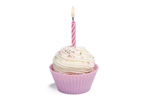 Pink Cupcake With Candle On White Background