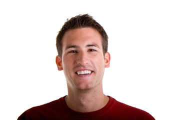 Obraz premium A young man smiling in a red shirt on a white background