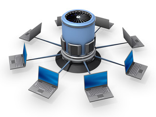 An isolated notebooks connected to server on white background