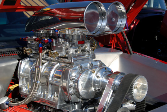 Supercharger on an American Hot Rod engine.