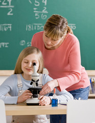 Teacher helping student adjust microscope in classroom