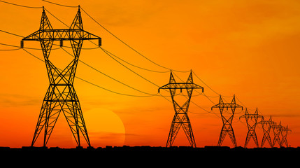 3D Electric powerlines over sunrise - 9699335