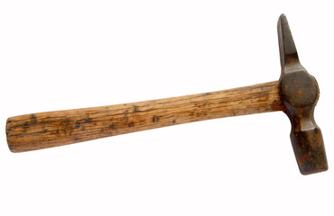 Rusty old hammer tool isolated over white.