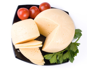 Fresh appetizing cheese on a white background
