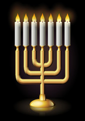 Menorah allumée sur fond noir (reflet)
