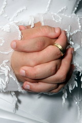 Solid Brushed Gold Wedding Band on Bride's Clasped Hands