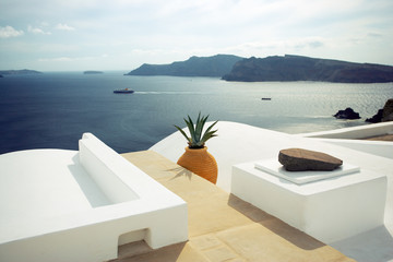 summer scene in santorini island, greece - obrazy, fototapety, plakaty