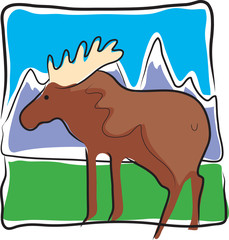 A single moose standing in a mountainous landscape