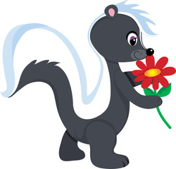A cute little skunk holding a red flower.