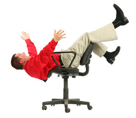 Businessman in red shirt falls from chairs upside dow