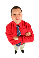 Businessman in  red shirt with his hands crossed, top view