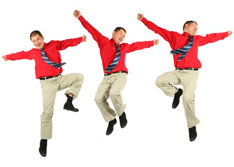 Fototapeta na wymiar Contented dynamic jumping businessman in red shirt jumps