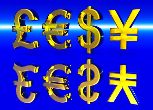Euro Pound Dollar and Yen Symbols in Gold with Reflection