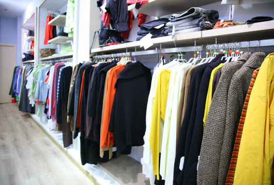 Clothes on rack in shop