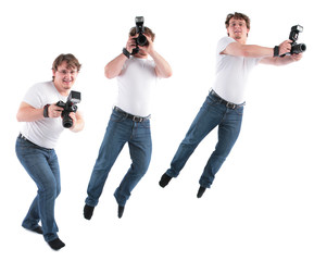 young man goes and jumps with  camera