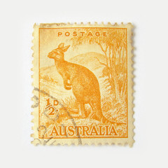 Australia postage stamp with kangaroo on white background