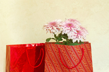 Pink chrysanthemum in a red bag on yellow background