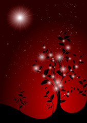vector serie - christmas tree with red sky and stars