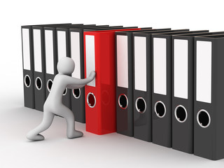 man and row of the folders on white background