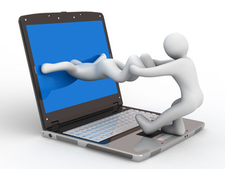 notebook, and two persons on white background