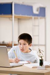 Determined student doing homework and using laptop