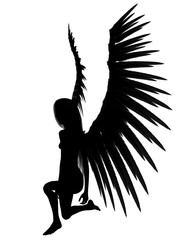 3D rendered angel silhouette,unfolded wings, white background.