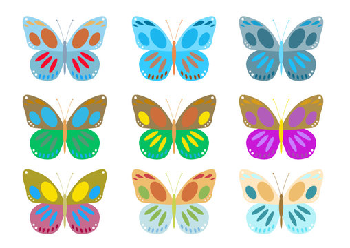 a set of colorful butterflies