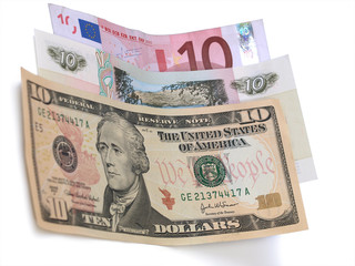 Money - Dollars, Rubles, Euro on white