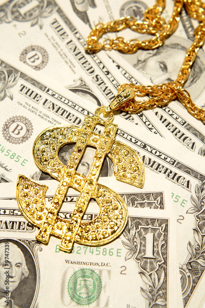 Sticker Golden dollar-symbol necklace on cash