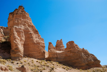 Red sandstone formations in Cappadocia near Goreme, Turkey