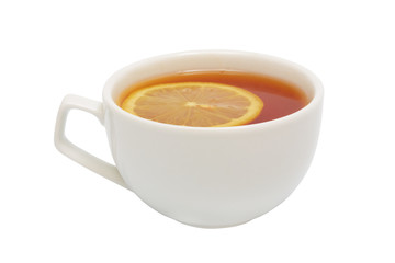 Cup with tea and a lemon on a white background