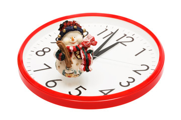 Toy snowball and clock on a white background