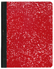 Red composition notebook isolated on white.