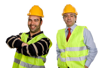 workers in a white background, focus on the left man