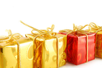 Line of gold gift and one red on white background