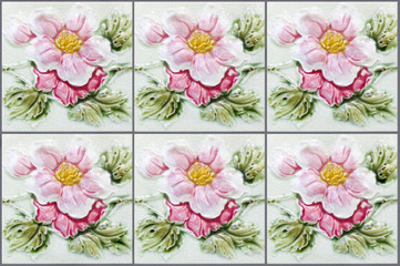 Obraz na płótnie Canvas Nyonya rzędy zabytkowych płytek z różowe kwiaty