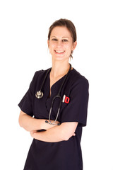 Attractive friendly female nurse with stethoscope