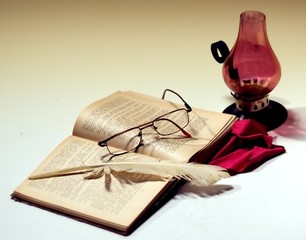 Writer's Break, Book, Color, Glasses and Oil Lamp