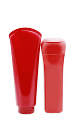 Set of red cosmetic bottles isolated over white background