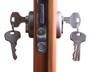 A hotel room door lock and key.