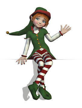 3D render of a cute Christmas elf sitting on an edge.
