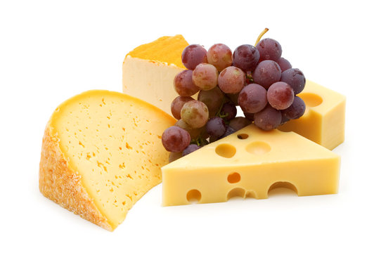 cheese and grape on white background