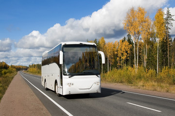 tourist bus, autumn, highway Scandinavia
