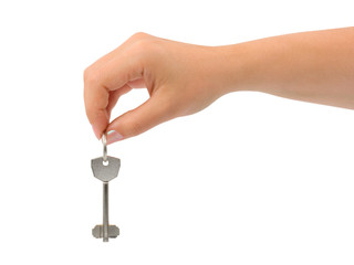 Hand giving key isolated on white background