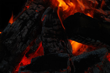 Logs burn in a campfire.
