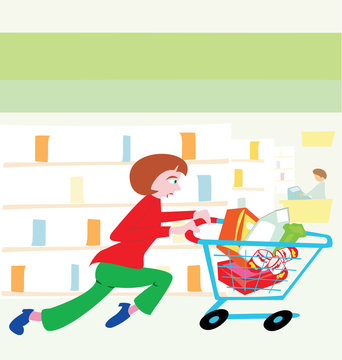 woman running with a shopping cart filled with food