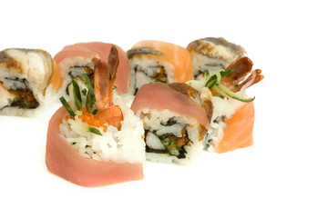Sushi rolls with rice, shrimp, salmon, tuna
