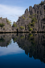 rock face reflections on a calm lagoon at Palawan, Philippines