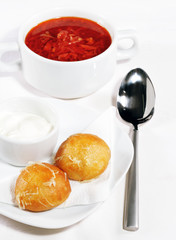 Meat Borscht Served with Pampushka (bread) and Sour Cream