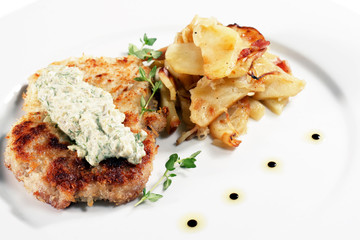 Pork Schnitzel with Fried Potato and Sauce Tartar